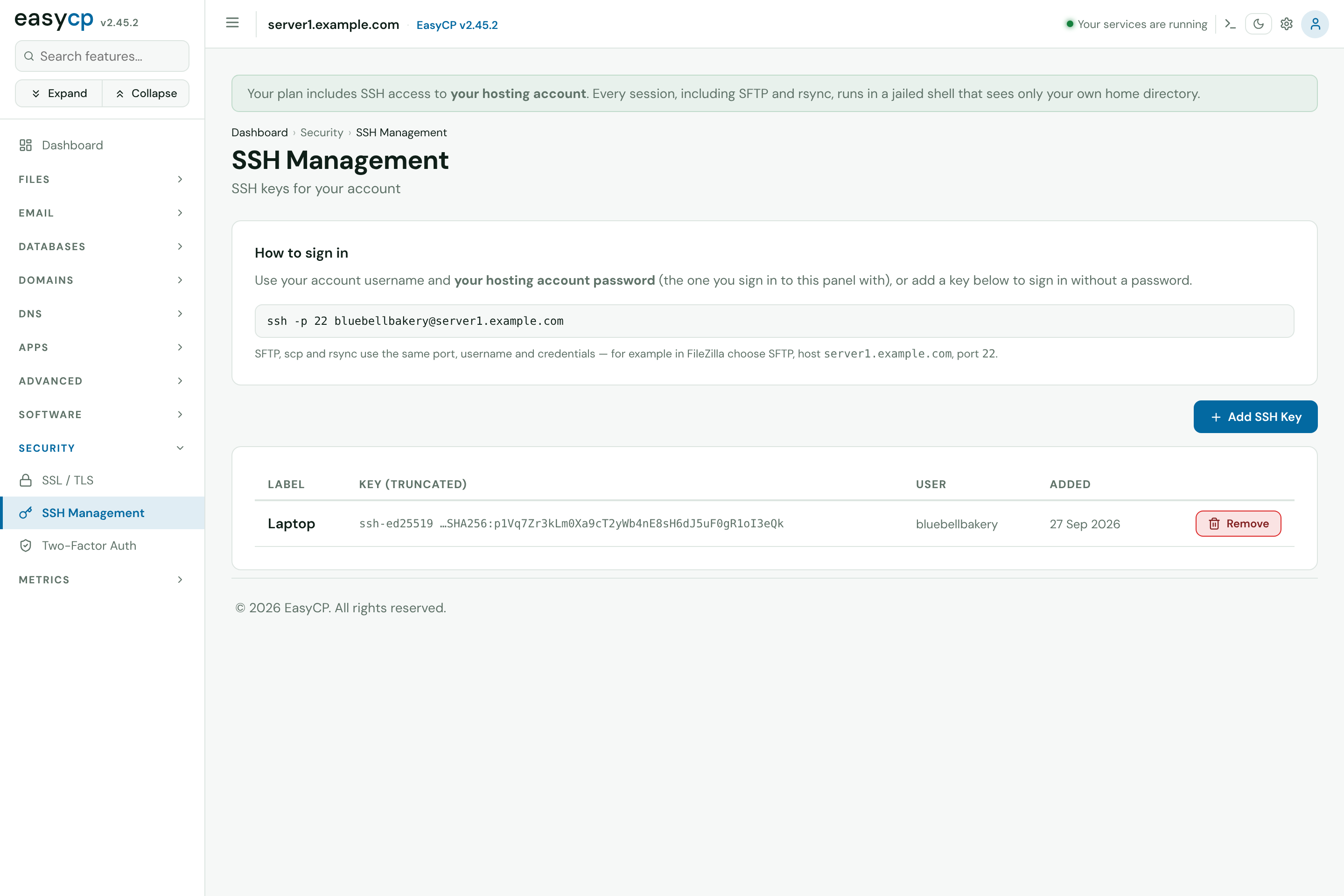 EasyCP SSH and SFTP for customers: Customers whose package includes shell access sign in over SSH, SFTP, scp or rsync with their hosting password or a key, and the page shows the exact command to use.