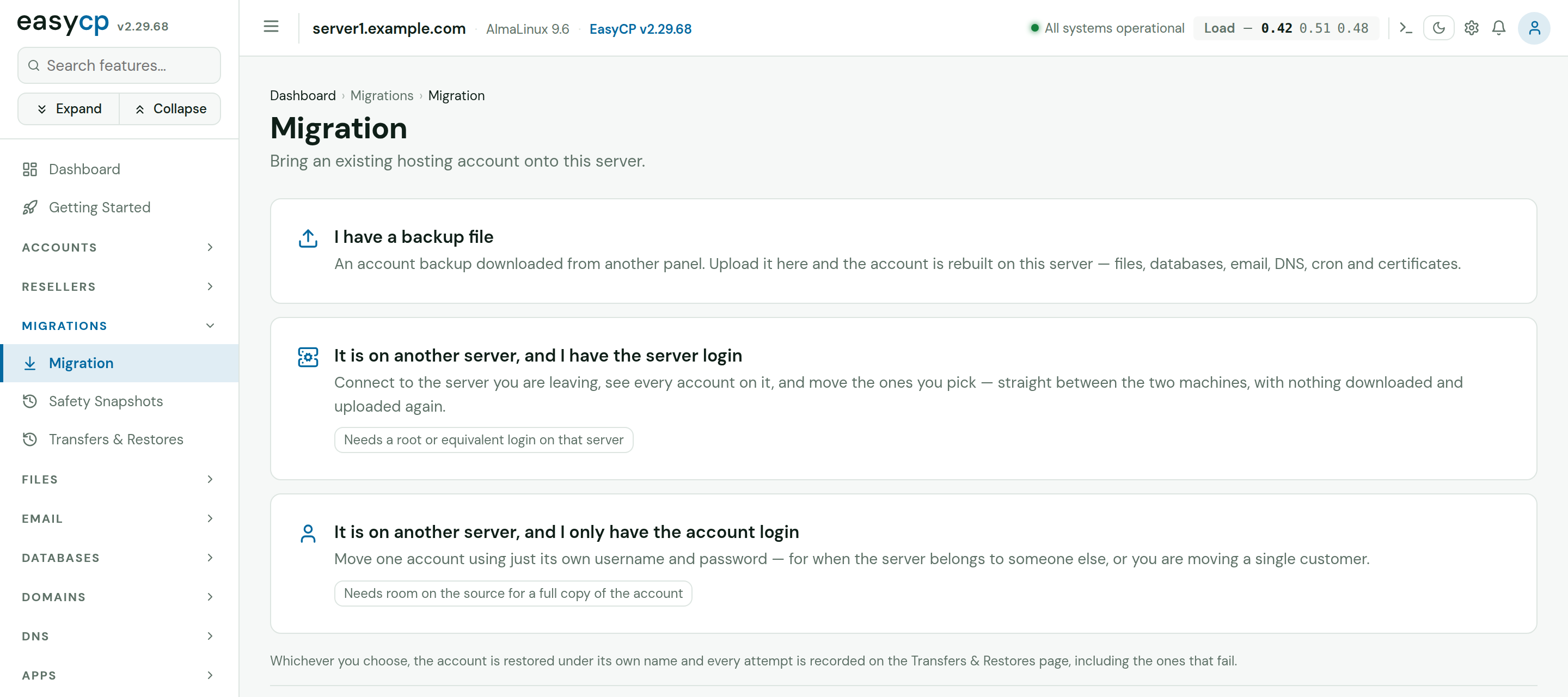 EasyCP Migration: Three ways to bring accounts over: upload a backup from another control panel, connect to the old server and move the accounts you pick, or move a single account with just its own login.
