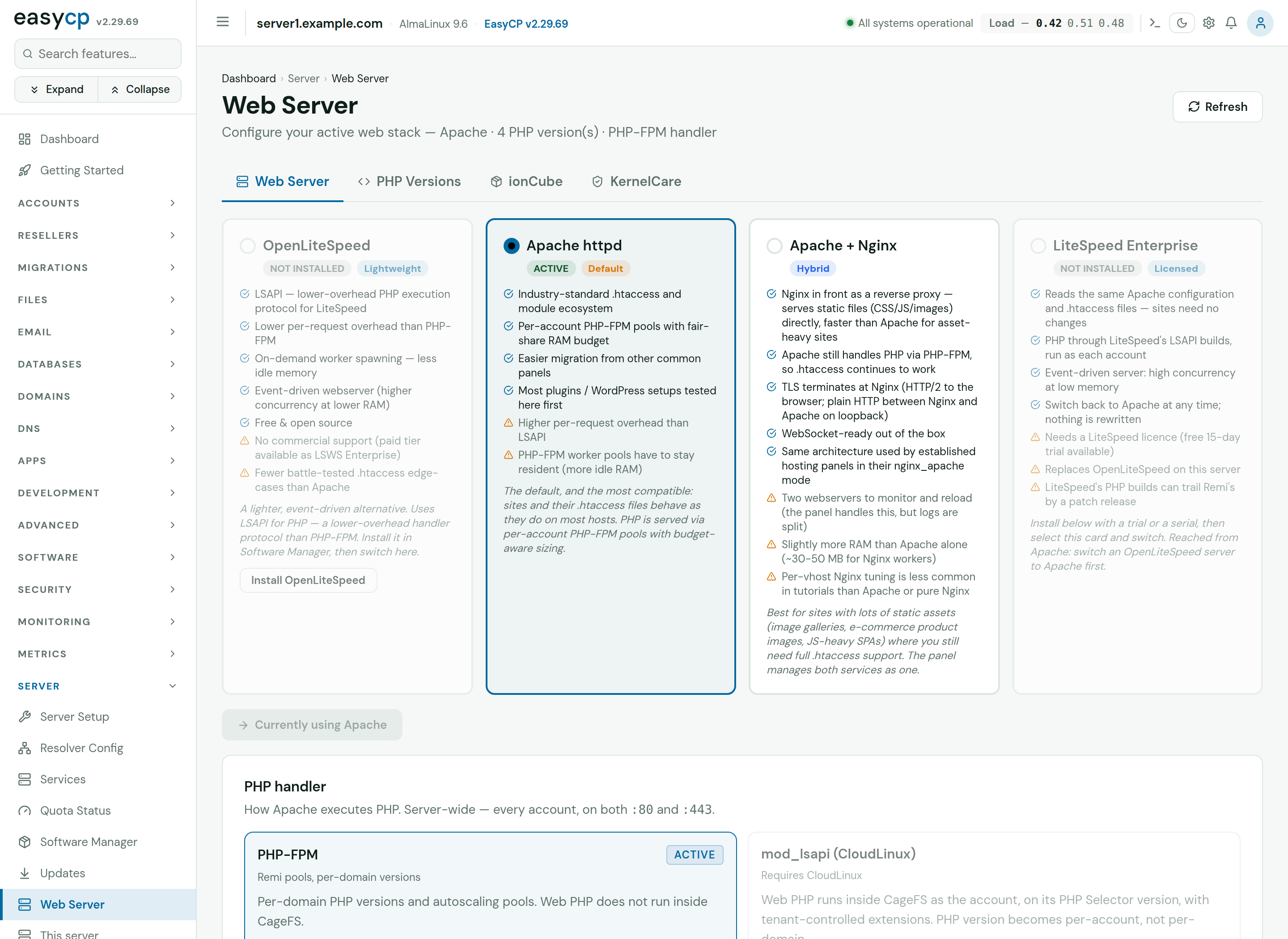 EasyCP Web server: Choose the web server per server: Apache, Apache with Nginx in front, OpenLiteSpeed, or LiteSpeed Enterprise. Switching rewrites every site's configuration for you.