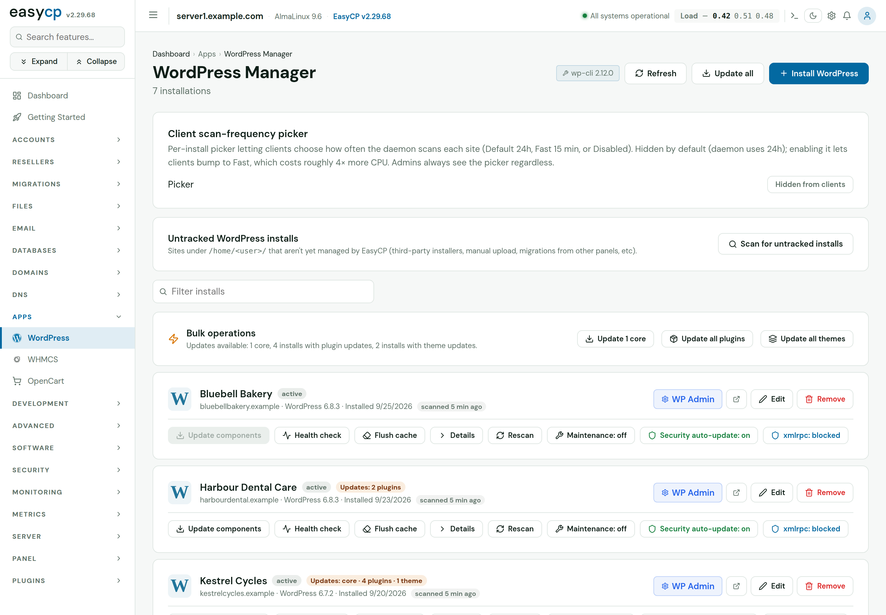 EasyCP WordPress Manager: Every WordPress site on the server in one place: core, plugin and theme updates (one site or all at once), health checks, cache, maintenance mode, security auto-updates and XML-RPC blocking.